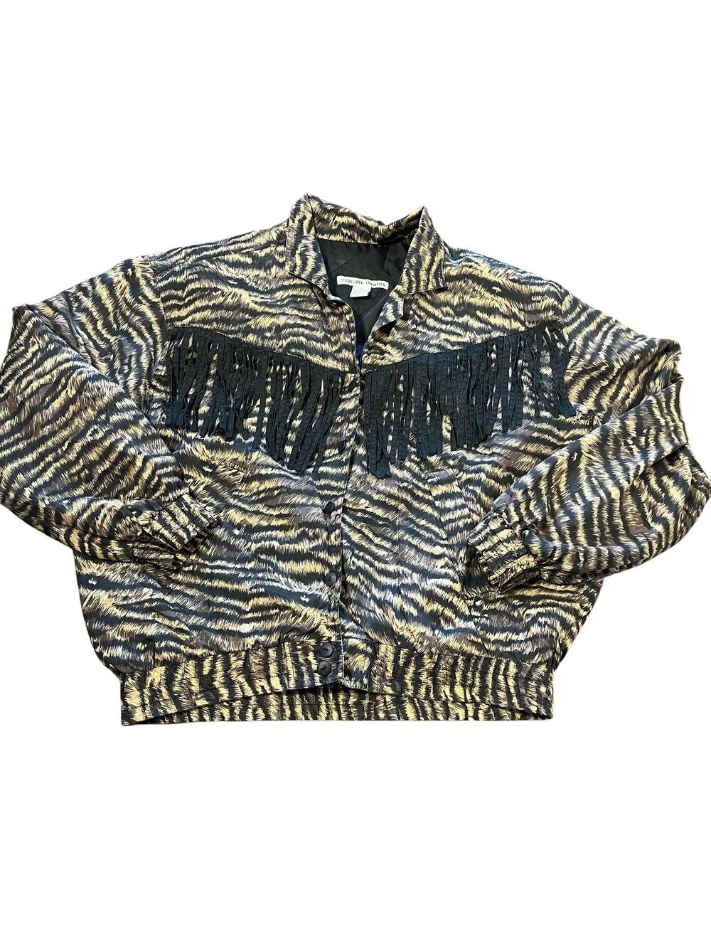 Malcolm Flowers XL Silk Tiger Print Bomber Jacket with Black Fringe Detail
